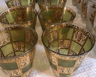 CULVER PRADO Green 22K GOLD Low Ball Whiskey Barware Glasses