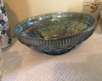blue iridescent Windsor carnival glass bowl