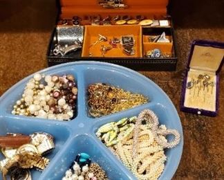 Cuff links, tie clips, watches, necklaces and stick pins