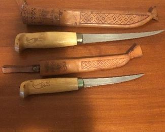 Vintage&nbsp;Marttini Rovaniemi Finland fixed blade fish fillet&nbsp;knives with hand tooled leather case&nbsp;
