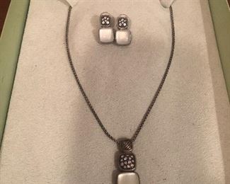 David Yurman Sterling, Diamond and Rock Crystal Necklace and Drop Earrings 