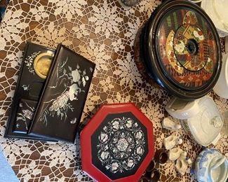 Cute Korean mother of pearl boxes and lazy Susan.