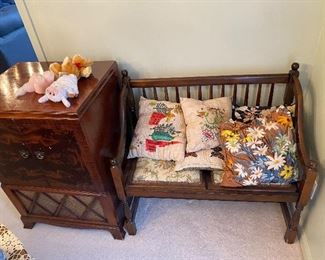 Bench with homemade pillows.