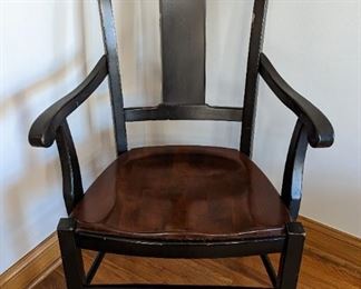 Nichols and Stone Wood Accent Chair. There are some scratches/nicks that can be seen in the photos. Measures 26” wide, 17” deep, 18” high to the seat and 39” high to the chair back.