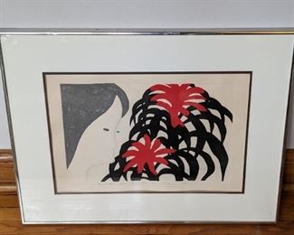 “Flower and a Girl” Woodblock Print by Kiyoshi Saito. There is a chip in the glass. Measures 17” x 22” and includes the certificate of authenticity.