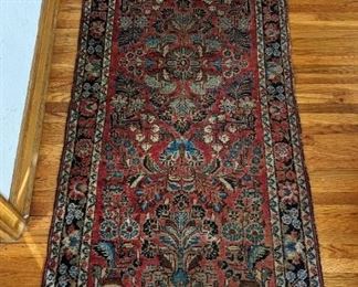Colorful Wool Runner. There is some wear and damage to the fringes that can be seen in the photos. Measures 29.5” x 77”.