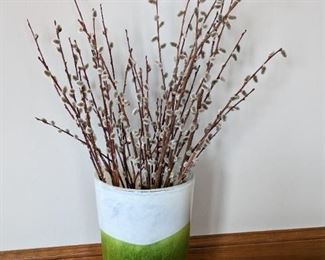 Art Glass Vase and Willow Twigs. The vase measures 15” high and 8” in diameter at the top.