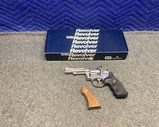 Next
928.16
Smith & Wesson model 15  6 shot revolver, serial #AJA4036, caliber 38 S&W special, 4” barrel, clean bore, Pachmayr grips, original checkered wood grips and box, good condition.  (B4-133)