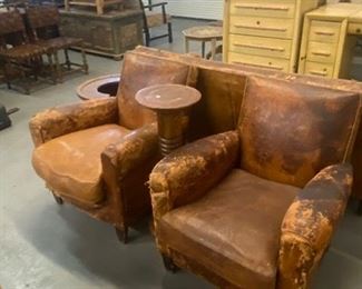 Distressed French Art Deco club chairs