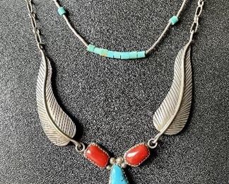 R. Wylie Sterling Silver And Turquoise Navajo Feather Necklace - Sterling Bead, Turquoise, And Coral Necklace
