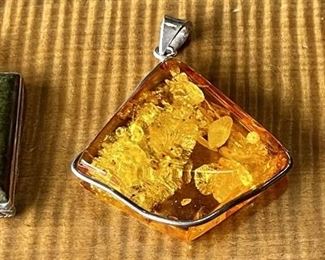 (3) Vintage Pendants - (2) Sterling Silver And Amber And (1) Unakite