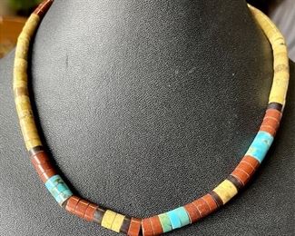Old Pawn Sterling Silver Heishi Coral, Turquoise, And Jasper Bead Necklace