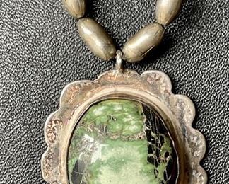 Antique Old Pawn Navajo Green Black Turquoise Pendant Sterling Silver Bench Bead Necklace- 34.9 Grams Total