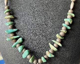 Old Pawn Sterling Silver Bench Bead And Turquoise Necklace And Hand Forged Cross