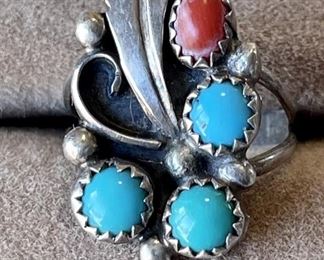 Navajo Sterling Silver Turquoise And Coral Ring Signed B Size 6 - 5.2 Grams Total
