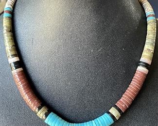 Vintage Heishi Turquoise, Coral, And Shell Bead Necklace