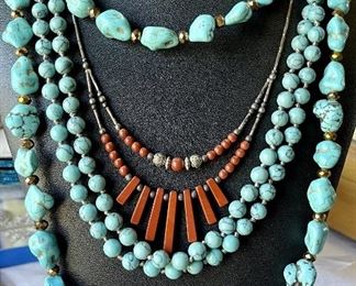 Vintage Boho Turquoise Sterling Silver And Red Jasper Necklace Lot