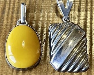 Sterling Silver And Yellow Baltic Amber Pendant, And Sterling Silver Pattern Pendant(11.8 Grams)