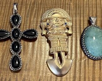 Vintage Lot Of Silver And Gold Tone Statement Pendants - 2 Sided Cross Faux Turquoise, Green Stone, Warrior