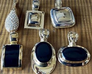 (6) Vintage Gold Tone Slide Pendants With Faux Onyx And Rhinestones