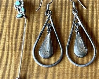 Pair Of Mexico Sterling Silver And Abalone Drop Earrings, Sterling And Turquoise Pin - 17.9 Grams Total
