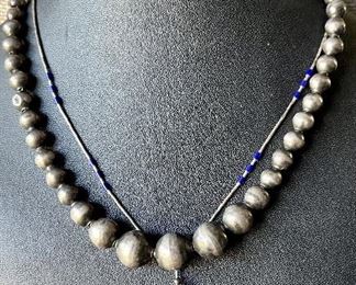 Antique Mexico Bench Graduated Bead Necklace, Liquid Silver And Blue Bead Necklace