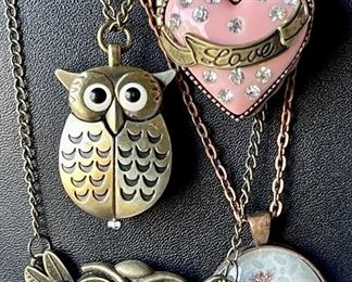 (4) Brass Tone Necklaces - (1) Owl Quarts Watch Pendant (1) Pink Enamel Heart