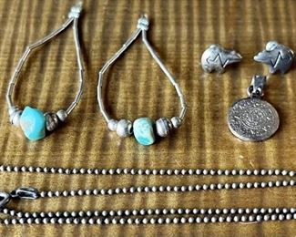 Pair Of Sterling Silver Bear Fetish Earrings, Turquoise Bench Bead Earrings, Sterling Mexico Pendant, And More