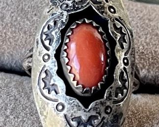 Navajo Sterling Silver And Coral Signed AR Ring Size 5.25 - 4.2 Grams Total
