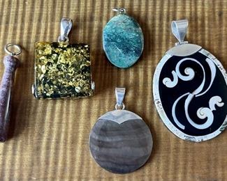 (5) Vintage Sterling Silver, Stone, Shell, And Acrylic Pendants