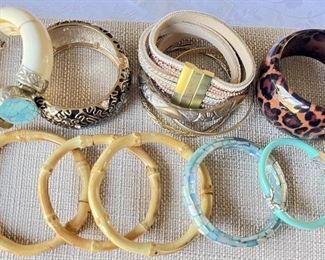 Lot Of Vintage Bangle Bracelets - Mother Of Pearl, Bamboo, Faux Bone, Metal, Fossil Steel, And More