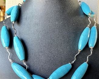 Carved Stone Bead Sterling Silver Necklace 