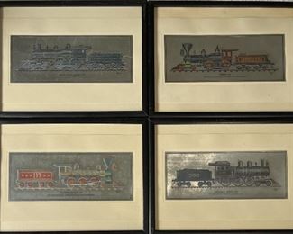 (4) Vintage Train Etchings By Kenn In Frame 1800s Editions