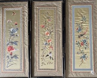 (3) Vintage Asian Influence Floral Embroideries In Bamboo Style Frame