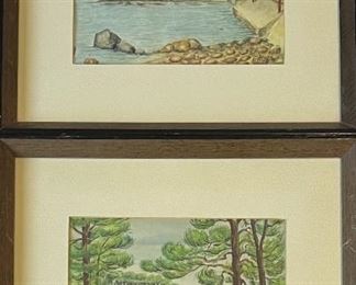 (2) Vintage F. Kiaffas Signed Small Original Watercolors In Frame