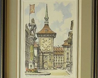 Vintage Signed Swiss Print In Frame