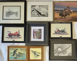 (9) Assorted Small Prints In Frame - Dave Steen Locomotives, Ansel Adams, Tile Ducks, And More