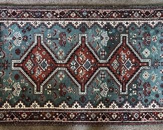 Vintage Bikaner India Shiraz T. Green 37 X 64 Inch Hand Knotted Rug 