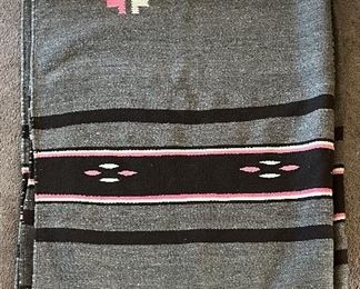 1940s 60 X 90 Inch Made In Mexico Wool Black, Grey, And Pink Blanket With Fringe