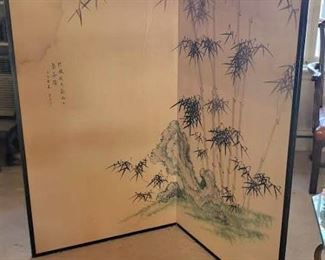Chinese double paneled screen. Watercolor bamboo decoration. Signed. Water damage