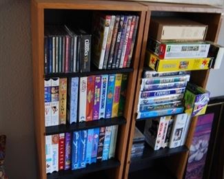 VHS TAPES, PUZZLES, MEDIA STAND