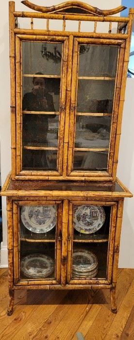 English Oriental Export Bamboo Cabinet                            late 19th Century in pristine condition                         Dimensions:  74"H x 30 1/2"W x  18 3/4"D