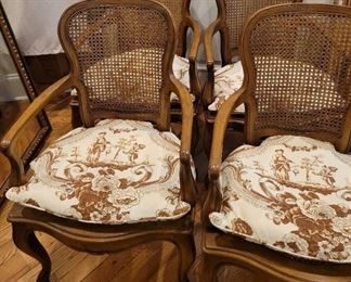 Set of 4 French provincial style chairs, canen back and seats with chinoiserie print cushions
