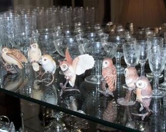 Stemware and collection of Boehm  owls