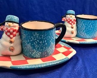 2 Piece Hallmark Mitford Snowman Mug and Saucer Sets 