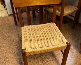 Sun Furniture chair, made in Thailand.  Teak with hand woven rope seat.  Set of 4