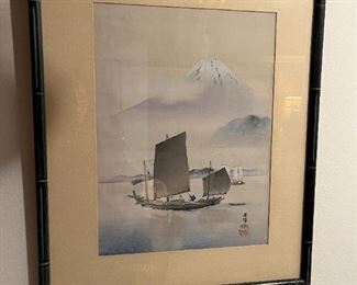 Framed painting on silk by Masuda Gyokujo (1881-1955).  Studied at Kawabata Painting School and Tokyo School of Fine Arts.