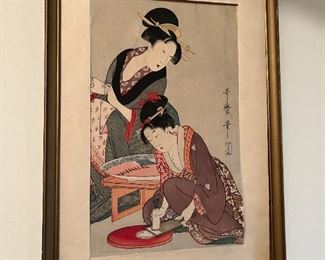 Kitagawa Utamaro (1750s -1806) Wood Block print "Geisha grating radish for sashimi".  Nice one with extra applied color on the print.  (No glass because it was broken when found)
