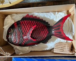 Lacquer covered dish - fish shape; original box