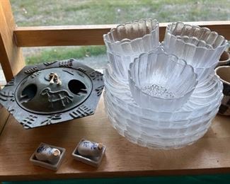 Cast metal decorative ashtray, plates & bowls set